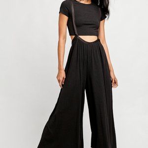 Free People Black Wide-Leg Suspender Jumpsuit with Cutout Waist